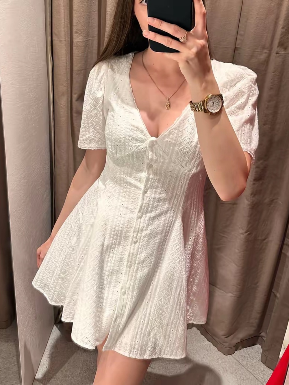 Zara White Eyelet V‑Neck Mini Dress